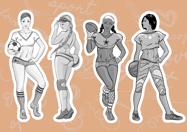 Sport style women set: young beautiful athletic girls representing different kind of sport: rugby, football, volleyball, basketball. Sport girls. Vector art design.