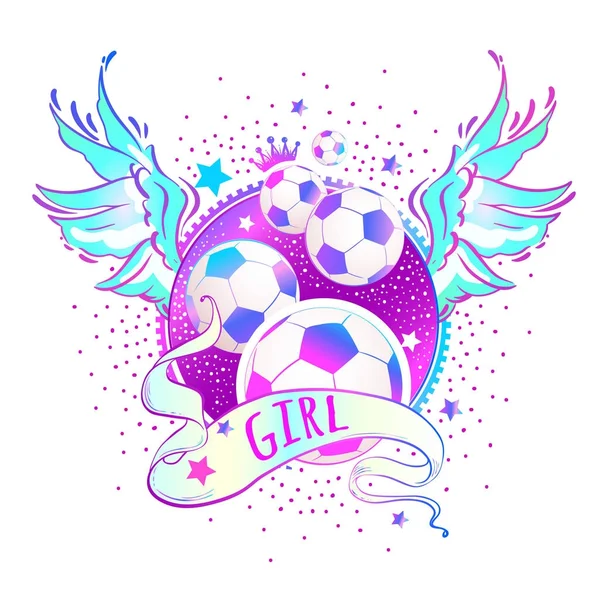 Girly-Stil schöne hochdetaillierte Fußball-Logo. Vektorillustration in rosa Neonfarben. Feminismus-Konzept. Druck, Plakat, Aufkleber, Sportlogo — Stockvektor