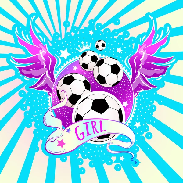 Girly-Stil schöne hochdetaillierte Fußball-Logo. Vektorillustration in rosa und blauen Neonfarben. Feminismus-Konzept. Druck, Plakat, Aufkleber, Sportlogo — Stockvektor
