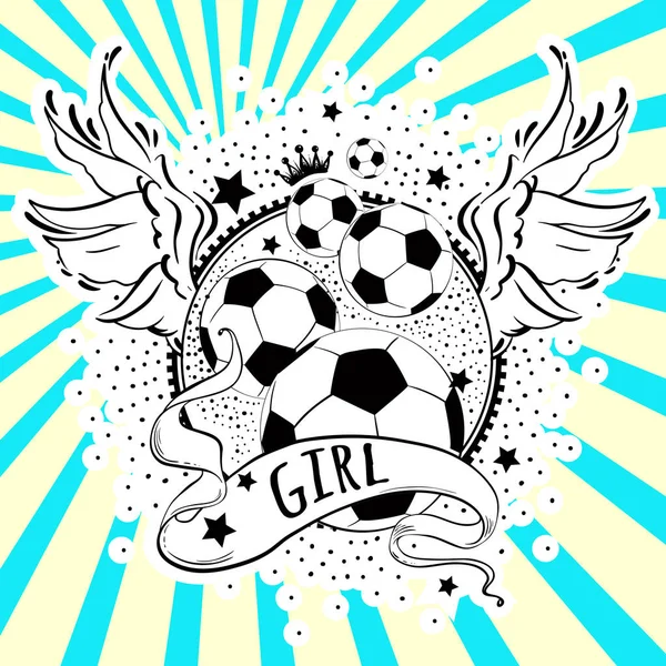 Girly-Stil schöne hochdetaillierte Fußball-Logo. Vektor-Illustration in schwarz-weißen Farben auf Sonnenstrahl-Hintergrund. Feminismus-Konzept. Druck, Plakat, Aufkleber, Sportlogo — Stockvektor