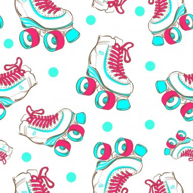 Vektör şirin retro tekerlekli paten ile seamless modeli. Vintage kroki tarzı arka plan