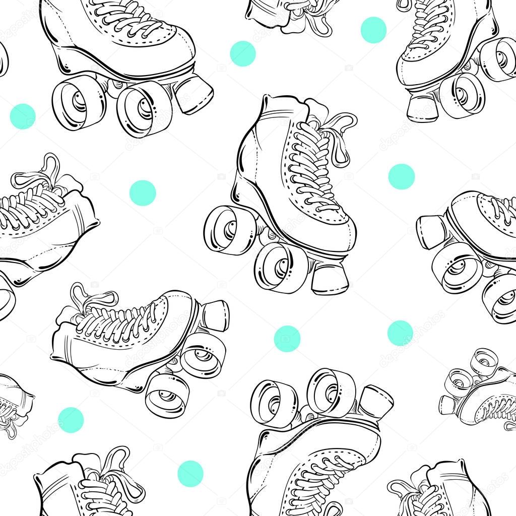Vector seamless pattern with cute retro roller skates. Vintage sketch style background
