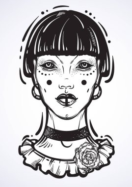 Gözleri olmadan mistik bir Gotik kız Illusatration. Lineer tarzda izole yüksek Detaylı vektör çizimleri. Güzel cadı. Ruhsal trendy illüstrasyon, dövme sanat, baskı, poster, tekstil.