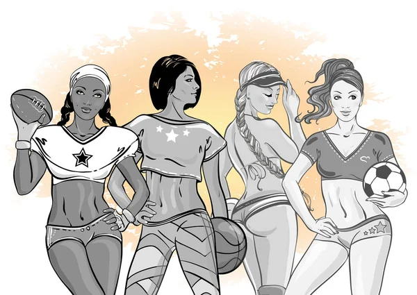 Set de mujeres de estilo deportivo: equipo de chicas atléticas jóvenes hermosas. Chicas deportivas de color gris. Diseño de arte vectorial. Impresión, póster, parche, diseño de pegatina . — Archivo Imágenes Vectoriales