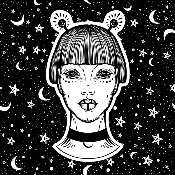 Retrato dibujado a mano vectorial de cara alienígena. Hermosa chica extraordinaria sobre el fondo del cielo nocturno. Ilustración de moda del espacio exterior, tatuaje, impresiones. carteles . — Archivo Imágenes Vectoriales