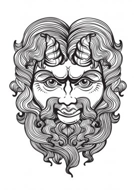 Pan'ın Tanrı'nın bereket ve yabani hayvanlar ve bitkiler. Antik Yunan maskesi. Dekoratif vektör yüksek Detaylı illüstrasyon izole. Mitler ve efsaneler. Eski etnik simgesi, dövme tasarım, baskı, t-shirt, tekstil.