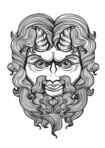 Pan'ın Tanrı'nın bereket ve yabani hayvanlar ve bitkiler. Antik Yunan maskesi. Dekoratif vektör yüksek Detaylı illüstrasyon izole. Mitler ve efsaneler. Eski etnik simgesi, dövme tasarım, baskı, t-shirt, tekstil.