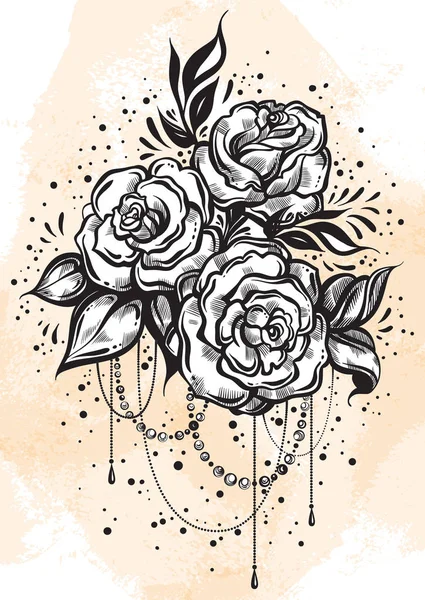 Χέρι όμορφα τριαντάφυλλα σε γραμμικό στυλ. Τέχνη τατουάζ. Γραφικό εκλεκτής ποιότητας σύνθεση. Vector εικονογράφηση απομονωμένη. T-shirts, εκτύπωση, αφίσες, υφάσματα — Διανυσματικό Αρχείο