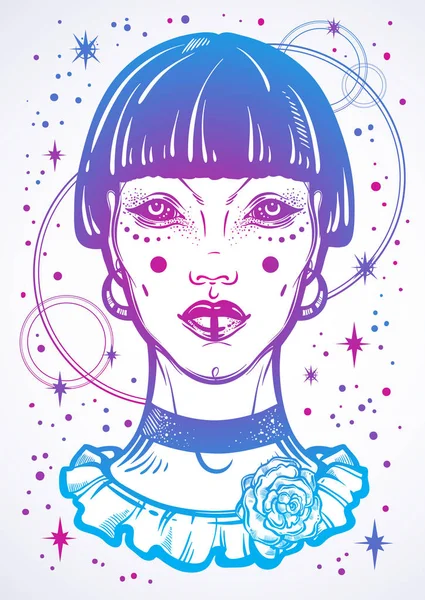 Ilustración de una chica mística gótica sin ojos. Obra de arte vectorial de alto detalle en estilo lineal aislado. Hermosa bruja. Ilustración espiritualmente de moda, arte del tatuaje, impresiones, carteles, textiles . — Archivo Imágenes Vectoriales