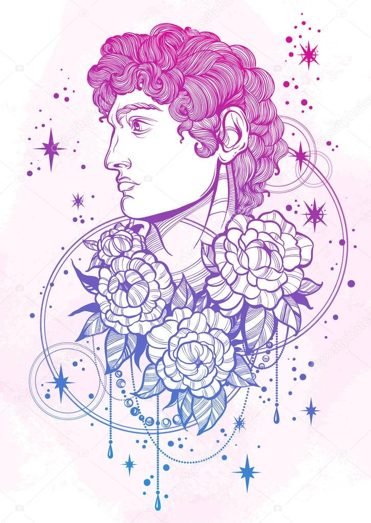 Hand-drawn beautiful portrait of David with peony flowers around. Ancient Greek gods. ?ntiquity, mythology, tattoo art, prints, posters. Isolated high-detailed vector illustration in line art style.