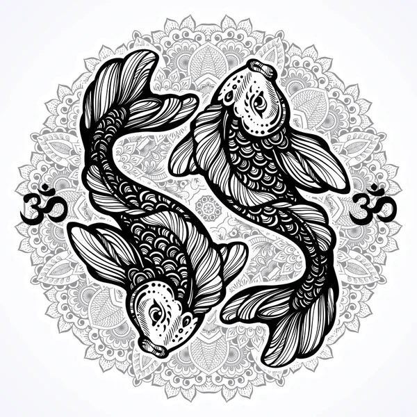 Alta dettagliata bella illustrazione del pesce carpa Koi su Mandala modello rotondo. arte vettoriale linea disegnata a mano isolato. Arte del tatuaggio. Asia, stile boho, arte spirituale, zen, meditazione, stampe, tessuti . — Vettoriale Stock