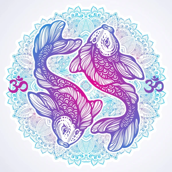 Wysokie szczegółowe piękna ilustracja ryby karpie Koi na Mandala okrągłe wzór. Ręcznie rysowane wektor sztuki linia na białym tle. Sztuka tatuaż. Asia, styl boho, duchowe sztuki, zen, medytacja, wydruki, tekstylia. — Wektor stockowy
