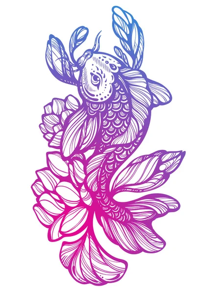 Alta detallada hermosa ilustración de peces de carpa Koi con Lotus alrededor. Símbolo decorativo oriental. Obra de arte vectorial dibujada a mano aislada. Arte del tatuaje. Asia, estilo boho, arte espiritual, zen, meditación . — Vector de stock