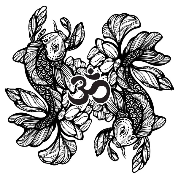 Vackra handritade orientaliska illustration av Koi karp fisk med lotusblomma runt. Hög-detaljerad grafisk linework symbol för visdom. Perfekt design för tatuering, målarböcker. — Stock vektor