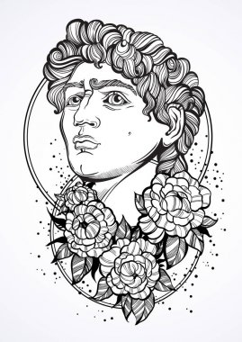 Çizilmiş Şakayık çiçekleri ile güzel portre David. Antik Yunan Tanrıları. Antik, mitoloji, dövme sanat, parmak izi, posterler. İzole yüksek Detaylı vektör çizim satırı sanat tarzı.