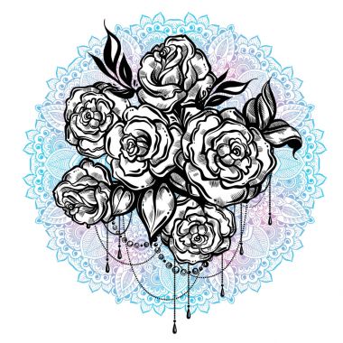 Mandala, süslü üzerinde güzel gül çizilmiş desen yuvarlak. Dövme sanatı. Lineer tarzda grafik vintage kompozisyon. Vektör illüstrasyon izole. T-shirtler, baskı, poster, tekstil