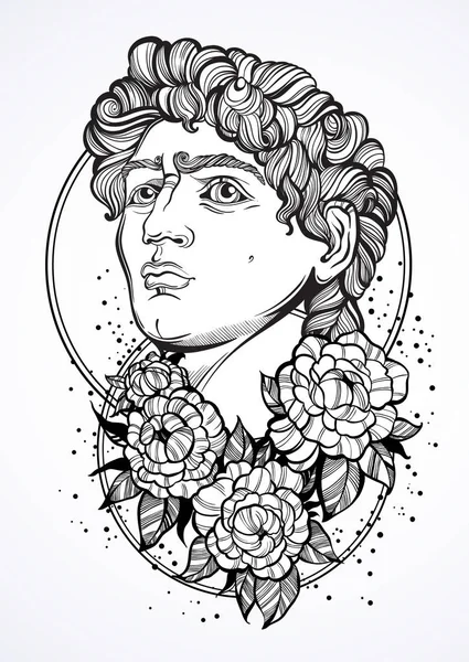 Kézzel rajzolt gyönyörű portréja David bazsarózsa virágok körül. Ókori görög istenek. Antikvitás, mitológia, tetoválás minták, nyomatok, plakátok. Elszigetelt magas részletes vektor illusztráció művészet stílusa. — Stock Vector