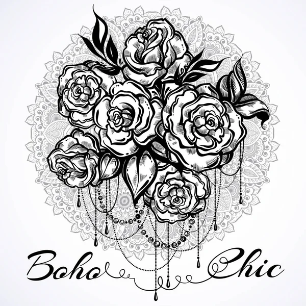 Rose belle disegnate a mano sopra il Mandala, motivo rotondo ornato. Arte del tatuaggio. Composizione grafica vintage in stile lineare. Illustrazione vettoriale isolata. T-shirt, stampe, manifesti, tessuti — Vettoriale Stock