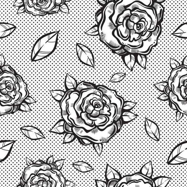 Beautiful vintage seamless pattern with gothic roses in linear style. Black and white retro illustration. Bohemian, tattoo art, ethno, dark romance, gypsy spirit. Perfect design for textile. — Stock Vector