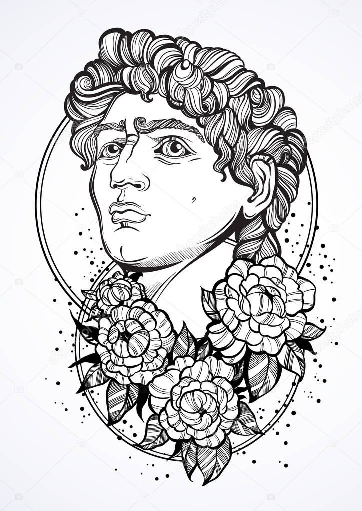 Hand-drawn beautiful portrait of David with peony flowers around. Ancient Greek gods. Antiquity, mythology, tattoo art, prints, posters. Isolated high-detailed vector illustration in line art style.