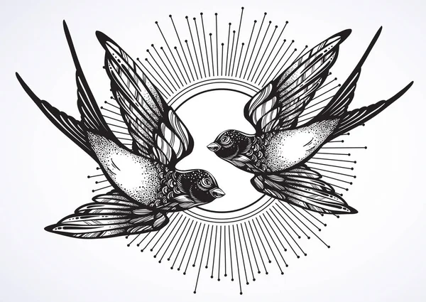 Hermosa ilustración de estilo retro vintage de dos aves golondrinas voladoras. Obra de arte vectorial dibujada a mano aislada en blanco. Diseño de tatuaje elegante, libertad, romance oscuro. Impresión, póster, camisetas y textiles . — Archivo Imágenes Vectoriales