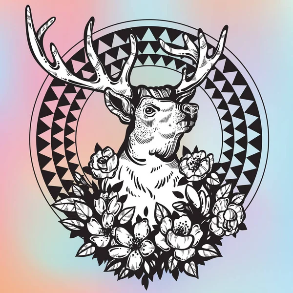 Hand drawn realistic deer surrounded by flowers and tribal geometric ornament. Beautiful highly detailed vector artwork isolated on colorful background. Elegant tattoo design, Love and freedom symbol. — Stock Vector