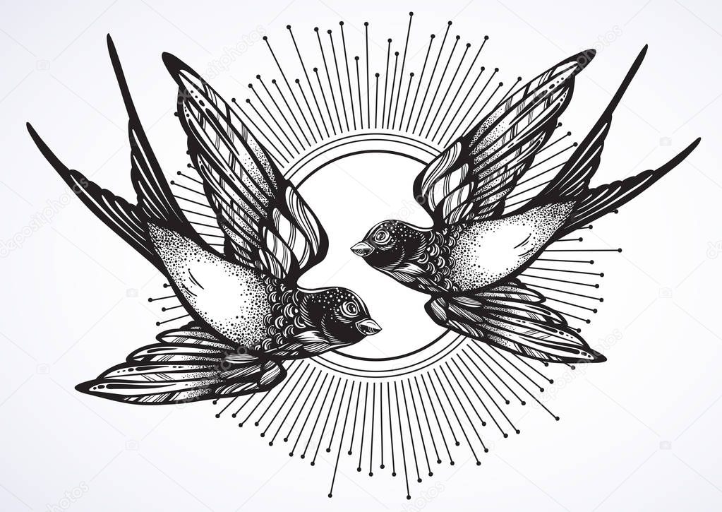 Beautiful vintage retro style illustration of two flying swallow birds. Hand drawn vector artwork isolated on white. Elegant tattoo design, freedom, dark romance. Print, poster, t-shirts and textiles.