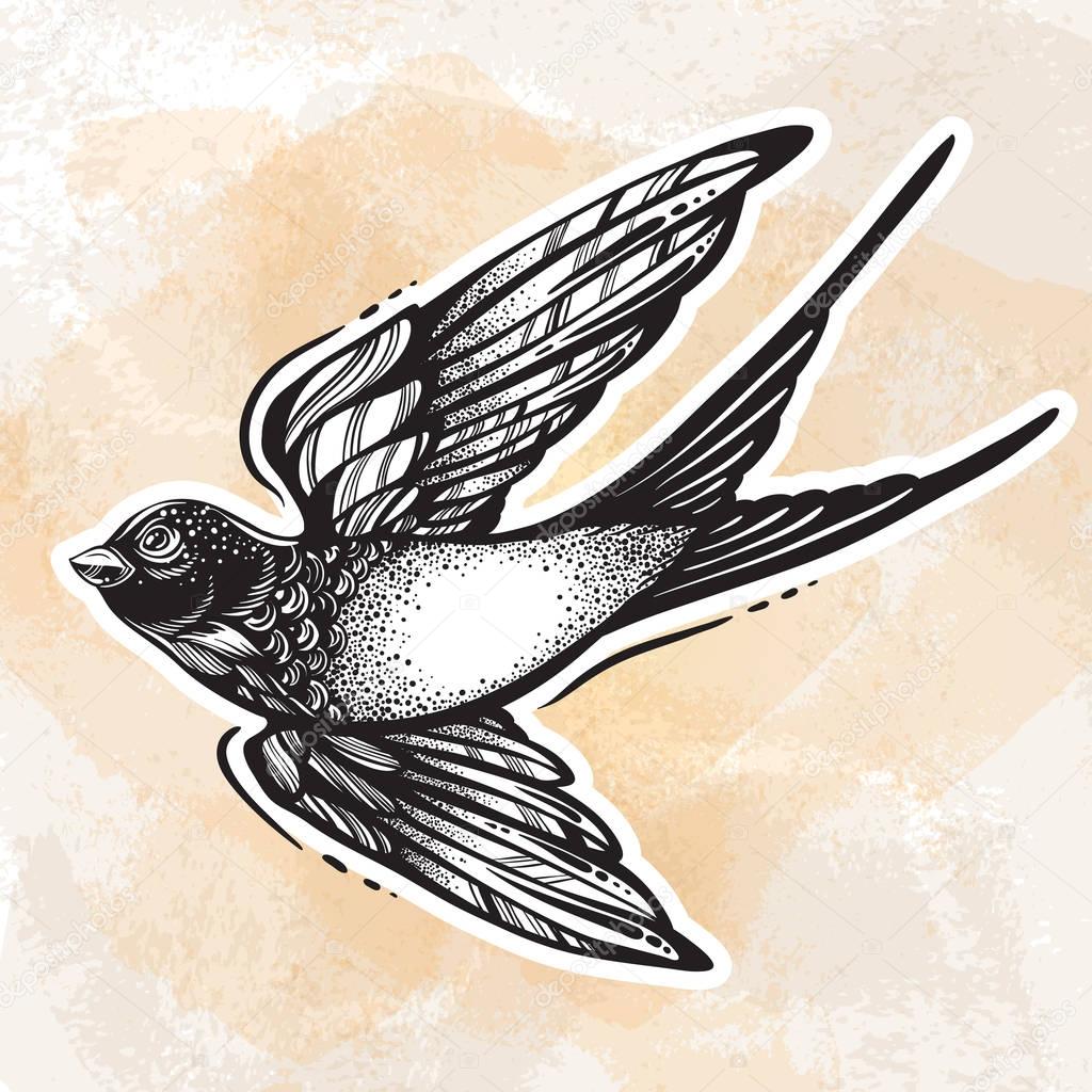 Blackwork tattoo flash. Beautifully detailed flying swallow bird. Vintage retro style design. Isolated vector illustration. Romance, lifestyle, freedom, tattoo. Print, posters, t-shirts and textiles.