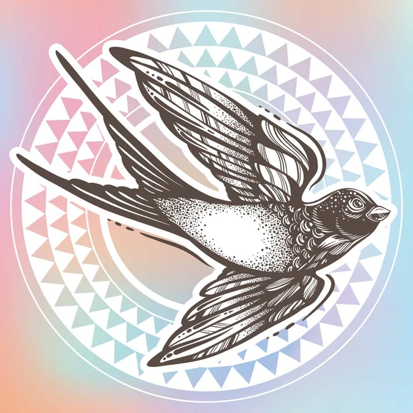 Beautifully detailed vintage illustration with flying swallow bird over tribal geometric pattern. Vector artwork isolated. Elegant tattoo art, freedom, romance. Print, poster, t-shirts and textiles. — Stock Vector