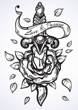 Gül bıçak ile çizilmiş vektör Illustration. Güzel vintage sanat izole ayrıntılı. Karanlık romantizm. Dövme tasarım, romantik poster, kendi kullanımınız için gizli sembolü.