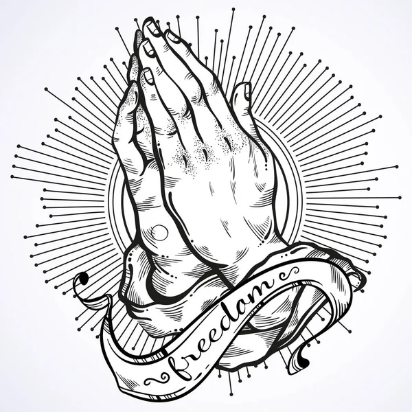 Beautifully detailed human hands folded in prayer. Appeal to the God. Faith and hope. Religious motifs. Academic art. Vector illustration isolated on white. Best print, poster and tattoo element. — Stock Vector