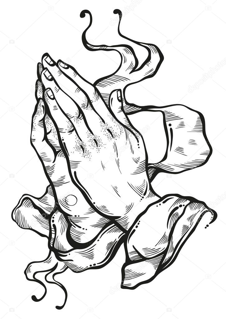 Beautifully detailed human hands folded in prayer. Appeal to the God. Faith and hope. Religious motifs. Academic art. Vector illustration isolated on white. Best print, poster and tattoo element.