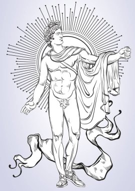 Apollon. Antik Yunan mitolojik kahramanı. Güzel vektör çizilmiş resimler izole. Mitler ve efsaneler. Dövme sanat, baskı, poster, kartları.
