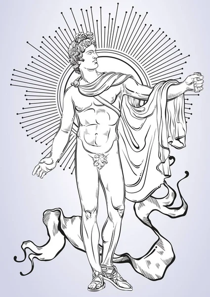 Apollon. De mythologische held van het oude Griekenland. Handgetekende mooie vectorillustraties geïsoleerd. Mythen en legenden. Tattoo kunst, prenten, affiches, kaarten. — Stockvector