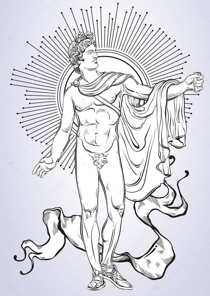 Apollon. The mythological hero of ancient Greece. Hand-drawn beautiful vector artwork isolated. Myths and legends. Tattoo art, prints, posters, cards.