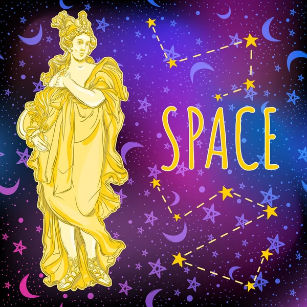 スペースの背景に美しいギリシャの女神。古代ギリシャの神話のヒロイン。宇宙空間のベクトル図です。干支、サイン、シンボル、魔法印刷とポスター。 — ストックベクタ