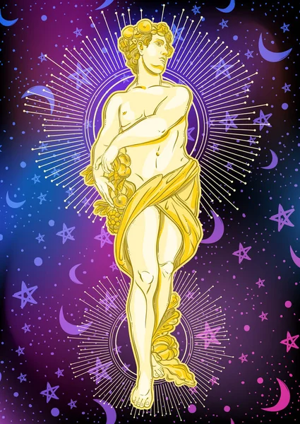 Frumos zeu grecesc pe fundal spațial. Eroina mitologică a Greciei antice. Ilustrație vectorială spațială. Zodiac, semn, simbol, imprimare magică și poster. — Vector de stoc