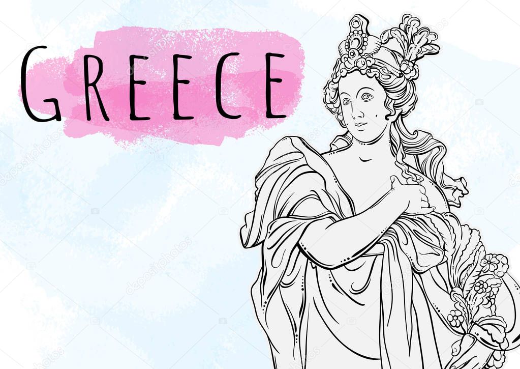 Beautiful Greek goddess. The mythological heroine of ancient Greece. Hand-drawn beautiful vector artwork isolated. Myths and legends. Tattoo art, prints, posters, cards. �
