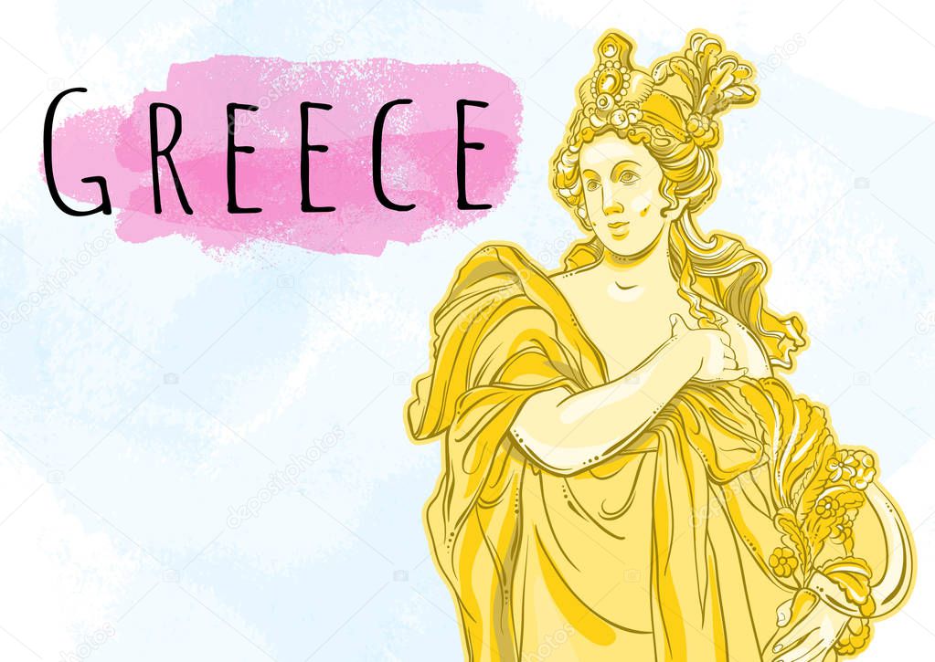 Beautiful Greek goddess. The mythological heroine of ancient Greece. Hand-drawn beautiful vector artwork isolated. Myths and legends. Tattoo art, prints, posters, cards. �