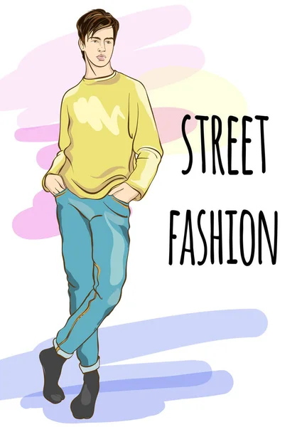Mode Mann Vektor Illustration. Hipster. Straßenmode. Schönheit Modell Jungs Skizze — Stockvektor