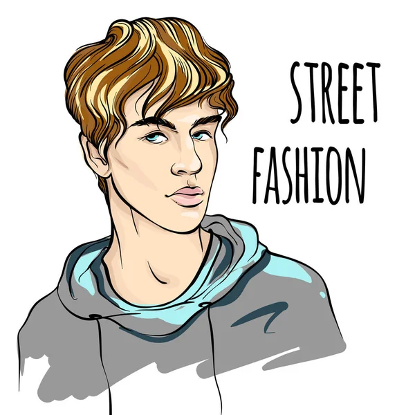 Illustrazione vettoriale uomo moda. Hipster. Moda di strada. Modello di bellezza ragazzi schizzo — Vettoriale Stock