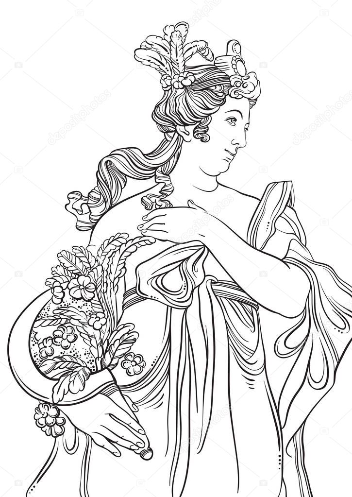 Greek Goddess in line style. Great template for coloring book page. Classicism. Ancient Greece. Myths and legends. Black and white vector artwork isolated.