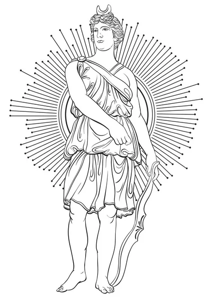 Deusa grega da guerra com arco em flechas. Arte popular em estilo de linha. Livro para colorir para adultos. Ilustração vetorial isolada sobre branco . —  Vetores de Stock