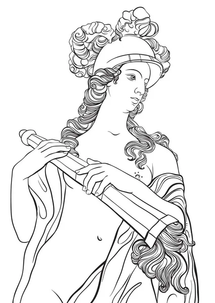Grekisk gudinna i linjestil. Bra mall för boken målarbok. Klassicism. Antikens Grekland. Myter och legender. Svart och vitt vektorgrafik isolerade. — Stock vektor