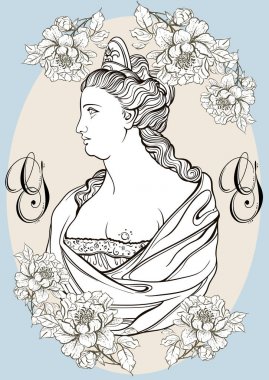 Yunan tanrıçası. Victoria cameo. Büyük şablon tasarımınız için. Vetor illüstrasyon izole çizgi stili içinde.