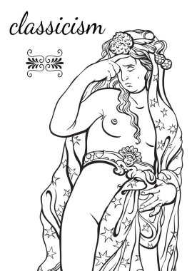 Çizgi stili, Yunan tanrıçası. Yetişkinler için boyama kitabı için harika bir şablon. Klasik. Antik Yunan. Mitler ve efsaneler. Siyah ve beyaz vektör çizimleri izole.