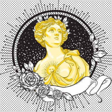 Karanlık romantizm Victoria cameo. Vintage siyah çerçeve üzerinde güzel Yunan Bayan yaprakları ve güllerle süslenmiş. Boho chic ve romantik tarzı baskı moda için.