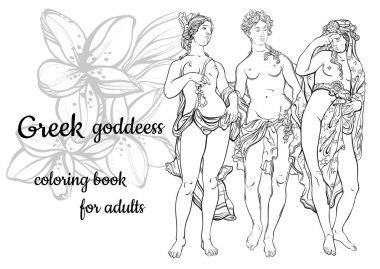 Beyaz bir arka plan üzerinde izole güzel antik Yunan tanrıçası vektör Illustration. El vintage insanlar siyah anahat bir tarzda çekilmiş. Klasik. Boyama kitabı sayfası yetişkinler için.