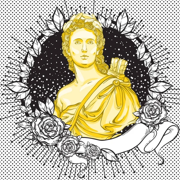 Sötét romantika viktoriánus cameo. Szép görög ember vintage fekete keret díszített levelek és a rózsa. Boho elegáns és romantikus stílusa nyomtatási divat. — Stock Vector