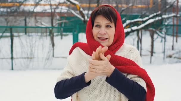 Γυναίκα ζεσταίνει τα χέρια στο χειμώνα — Αρχείο Βίντεο